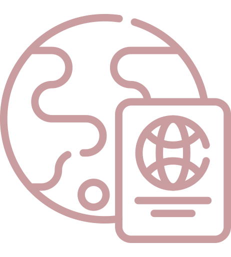 icono de una bola el mundo con una tarjeta en rosa